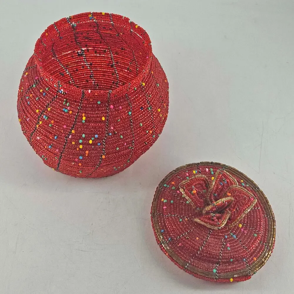 Vintage handcrafted red African beaded lidded jar trinket dish